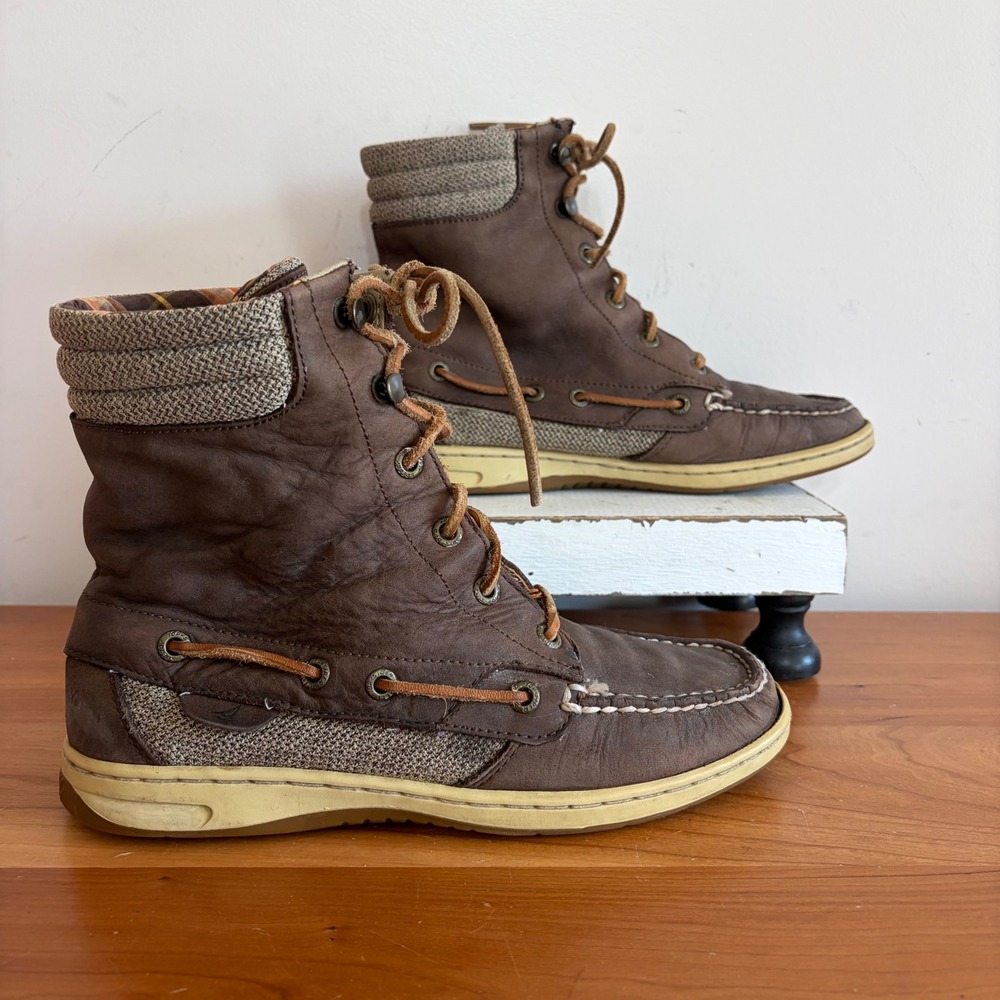 Sperry Top-Sider Brown Leather Canvas Plaid Lined Mid Calf Boots Size 7M